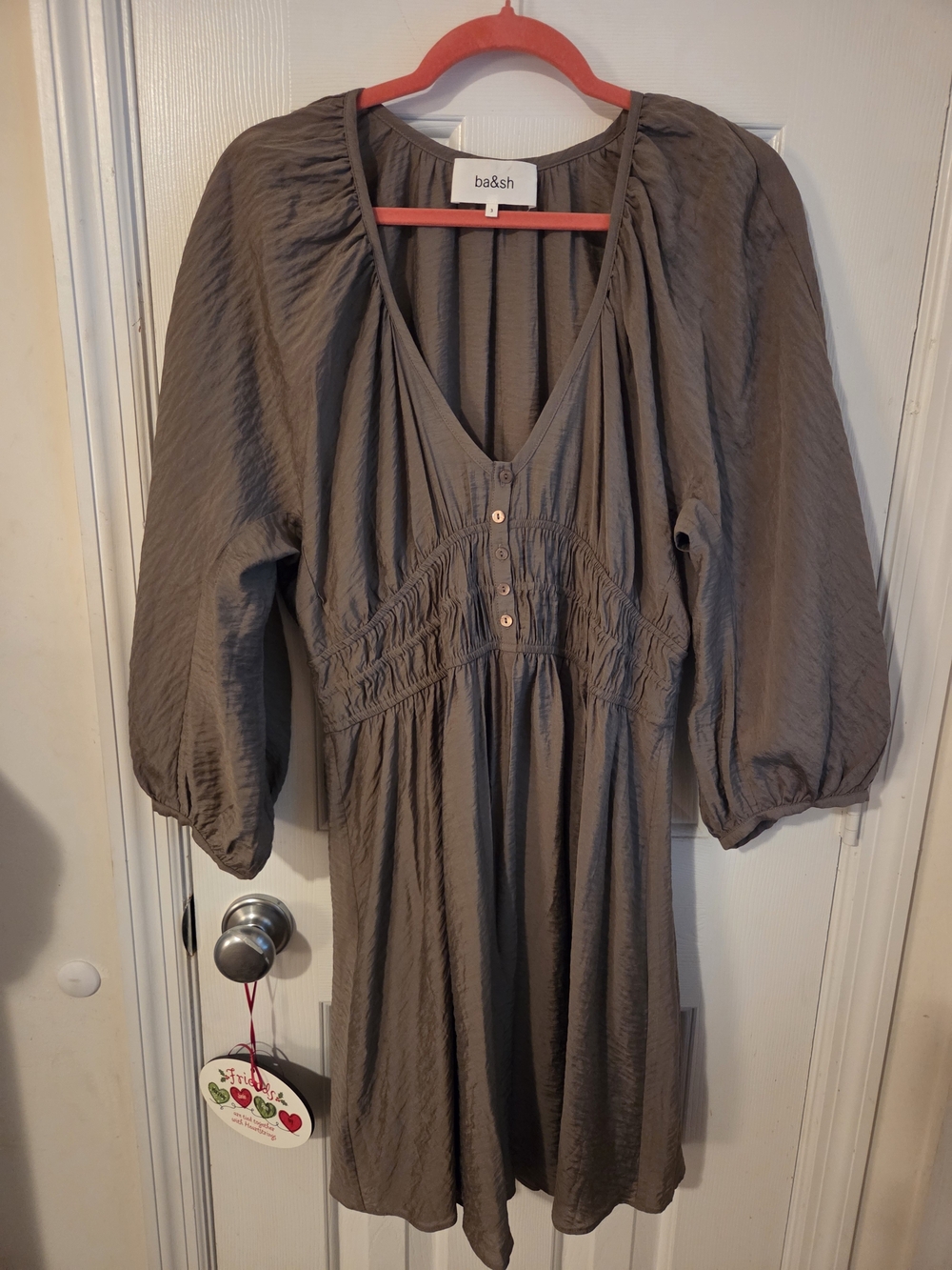 ba&sh Taupe V-Neck Smocked Waist Mini Dress